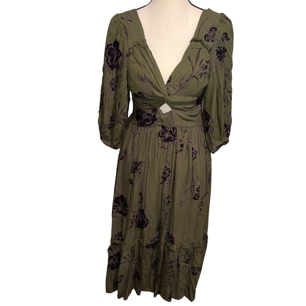 Floral Twist Front Cutout Boho Midi Dress Women Small Green